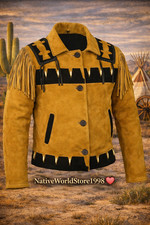 Men’s Western Suede Leather Jacket Fringed Cowboy Native Style Coat Brown Vintag