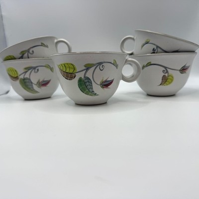 Set of five vintage Denby Langley ''Spring'' stoneware cups, made in England