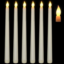 6 Pack Ivory Flameless Plastic Taper Candles, without Remote or Timer, Flickerin