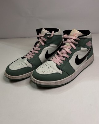 WOMEN'S AIR JORDAN RETRO 1 MID SE CASUAL SHOES Dutch Green & Pink Logo/laces