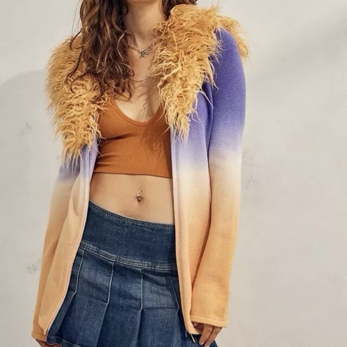 House Of Sunny Desert Rose Peggy Cardigan Ombre Knit Fur Collar UK8 RRP £115