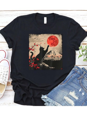#ad #ad Women#x27;s Japanese Cat Mount Fuji Graphic T Shirt Cute Casual Summer Tee Top $9.49