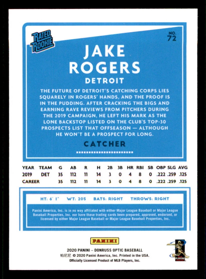 2020 Donruss Optic #72 Jake Rogers RR RC - Image 2 of 2
