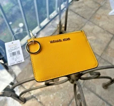Michael Kors SM Leather Top Zip Coin Pouch ID Holder Keychain (Jasmine Yellow)