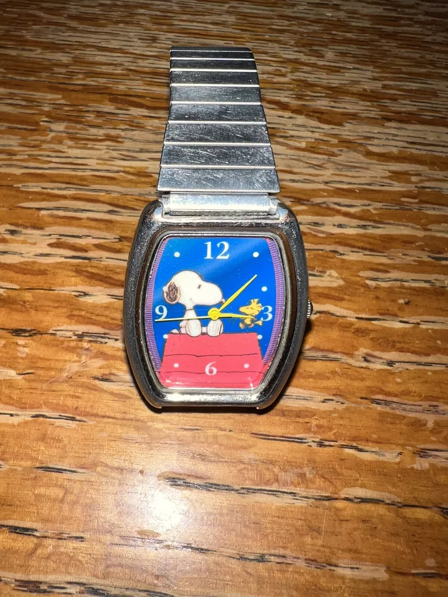Peanuts Snoopy Watch Silver Case and Band Blue Red Face