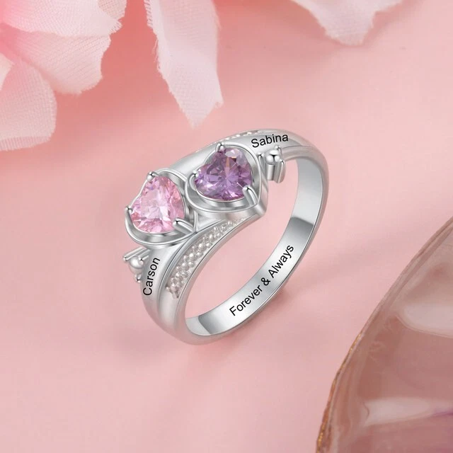 Anillo de piedra de nacimiento personalizado de dos nombres grabado joyería pareja regalo romance corazón Foto 2 de 4