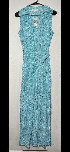Michael Kors Women Maxi Shirtdress Turquoise L Printed Belted Sleeveless Pockets - Picture 2 of 11
