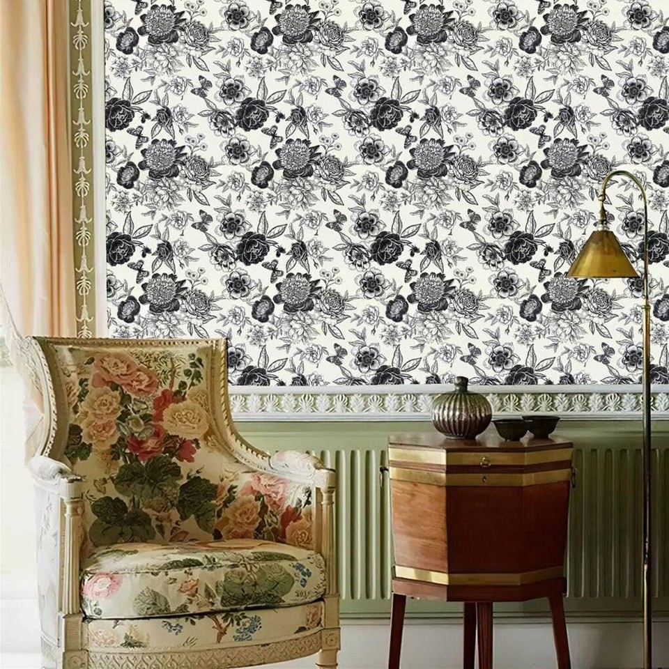 Arthome Peel and Stick Wallpaper Self Adhesive Floral 17"x120", Black