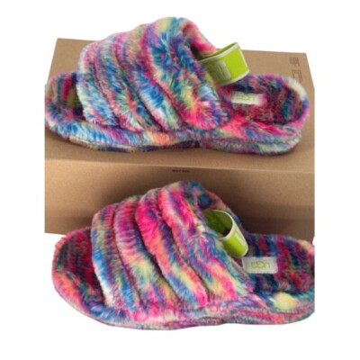 UGG Slippers Women 6 Rainbow Fluff Yeah Pixelate Faux Fur New