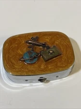 vintage sewing kit metal pill box Travel World Plane Camera 2.5”