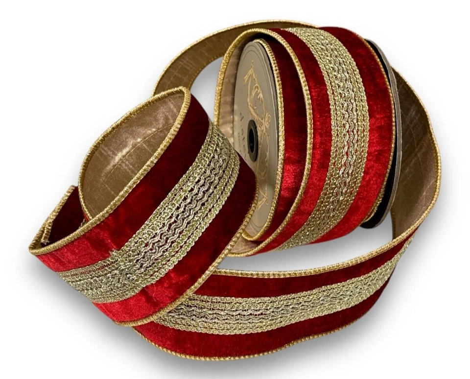 Edles Samtband Rot Gold D.Stevens 1Meter Tischband Dekoband 6,5cm breit Draht - Bild 2 von 3