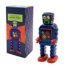 GEARING ROBOT 5" Saint St. John Wind Up Blue Tin Toy Collectible Retro Space Age