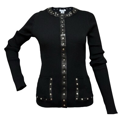 CELINE Studded Leather Trim Ribbed Knit Cardigan | eBay