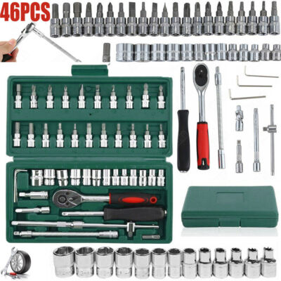 46Pcs Socket Set Car Repair Tool Ratchet Torque Wrench Kit 1/4'' Drive with Box