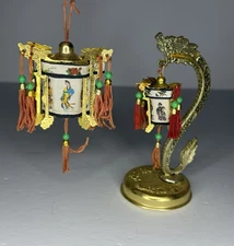 Miniature Chinese Lanterns w/ Dragon Gold Tin Stand – Painted Fabric - Set of 3