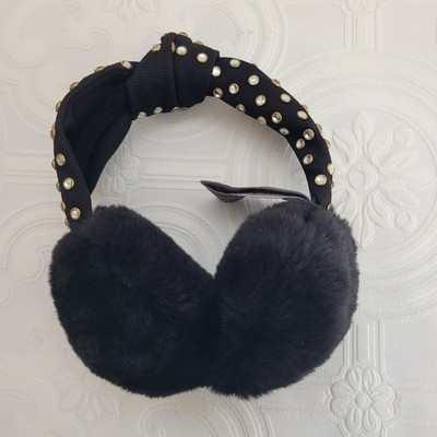 Vince Camuto Earmuffs Black Embellished Studded Knot Faux Fur One Size Cozy