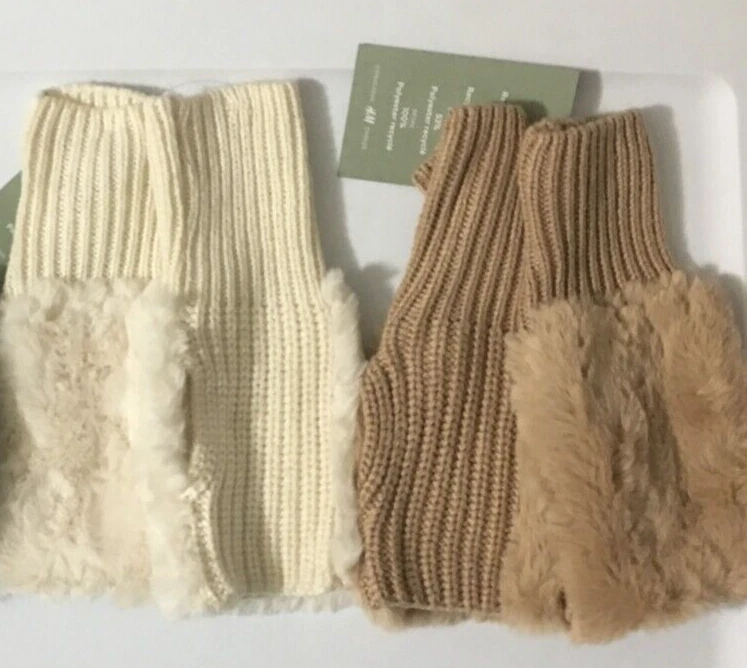 Faux Fur Fingerless Mittens Gloves White or Beige Ladies One Size Thumb Holes