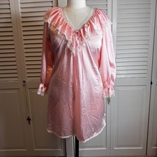 Vintage Lily of France small Pink Satin Nightgown Lace Trim Ruffle Romantic