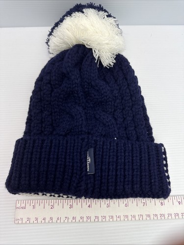 Robin Ruth Boston Cable Knit Hat Beanie Pom Winter - Navy & White - Picture 3 of 6