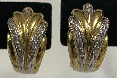 Ladies 18K White & Yellow Gold Diamond Hoop Earrings w Omega-Wire Backs (Posts)