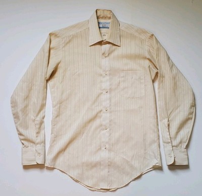 Vtg 70s Sears Perma Prest Mens Dress Shirt Cream Dobby Stripe 15.5 M 34-35