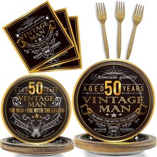 50th Birthday Decorations, 96 Pcs Vintage Tableware Set, 1975, Gold