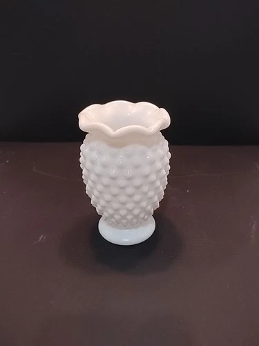 Milk Glass Hobnail Mini Vase 3.5" Vtg 1940’s White Ruffled Crimped Rim