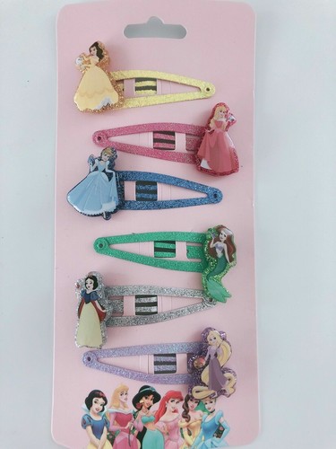 NEW Girl Kids Children 6 Princesses Ariel Snow white Snap Hair Clips Pin Set - Afbeelding 1 van 11