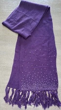 womens dark purple KNIT WINTER SCARF silver dots on ends 70 inch long x 75 wide 
