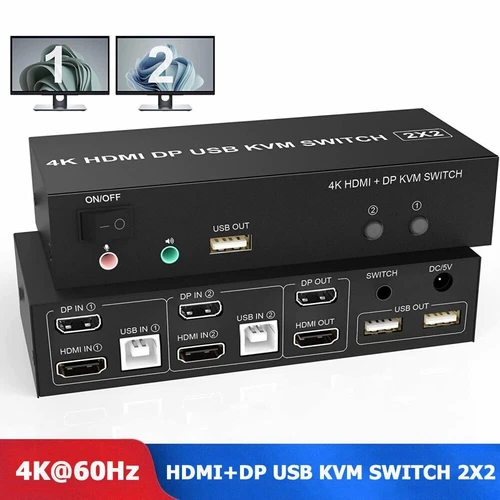 HDMI Displayport HDMI KVM Switch Dual Monitor DP USB KVM Switch Box 2X2 4K 60Hz - Picture 1 of 11