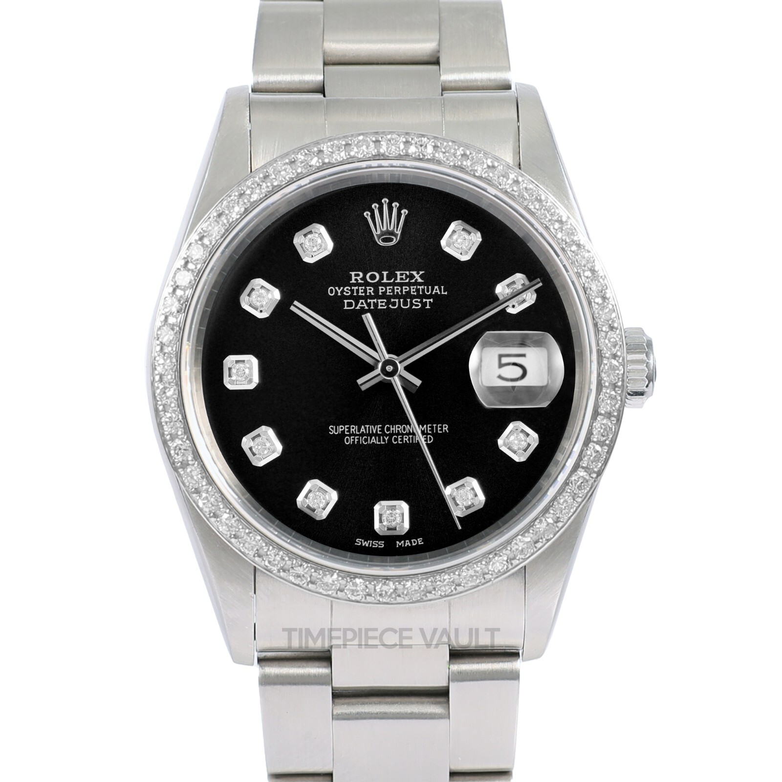 ROLEX MENS DATEJUST 36MM STEEL OYSTER WATCH BLACK DIAMOND DIAL DIAMOND BEZEL-B&P