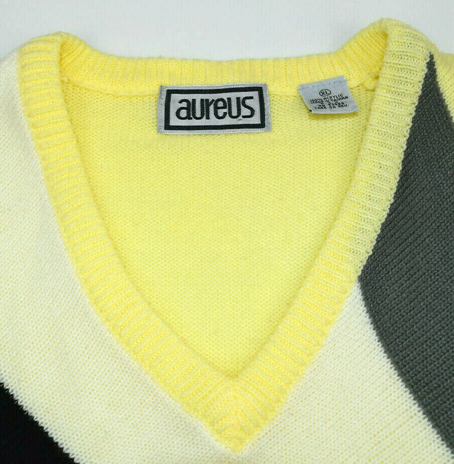 Suéter Vintage Aureus L/XL Años 80 Diagonal Bloque Rayas Cuello en V Amarillo Negro Gris Foto 2 de 4