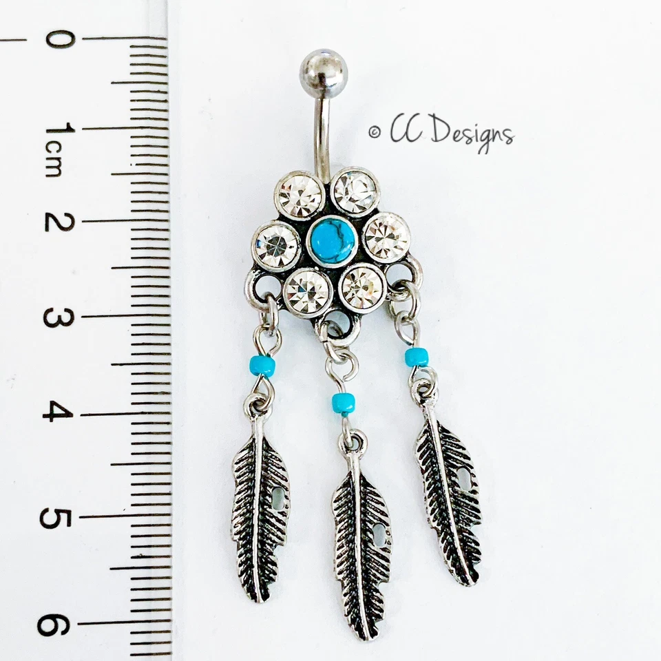 Anel de barriga de penas penduradas tribal turquesa 14g branco cz (B401) - Imagem 3 de 3