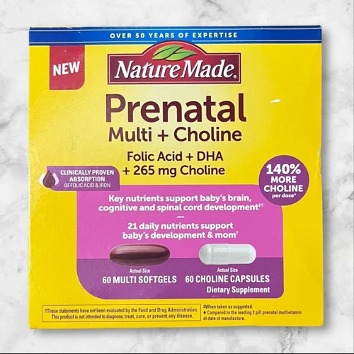 Nature Made Prenatal Multi Choline Folic Acid DHA 60+60 Count EXP08/2025+ NEW