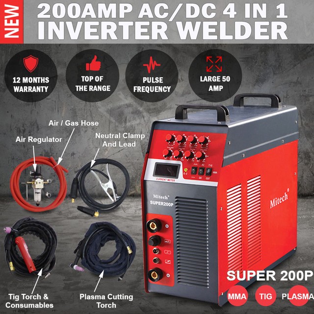 Mitech 200AMP AC/DC 4 In 1 TIG Pulse Aluminium Welder Plasma Cutter for