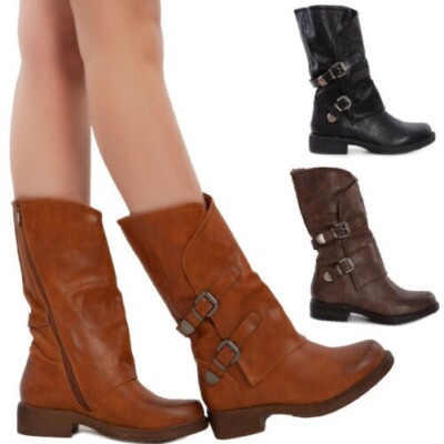 Stiefel Frau Biker Boots Schnallen Militärschuhe Schuhe Casual Toocool G620