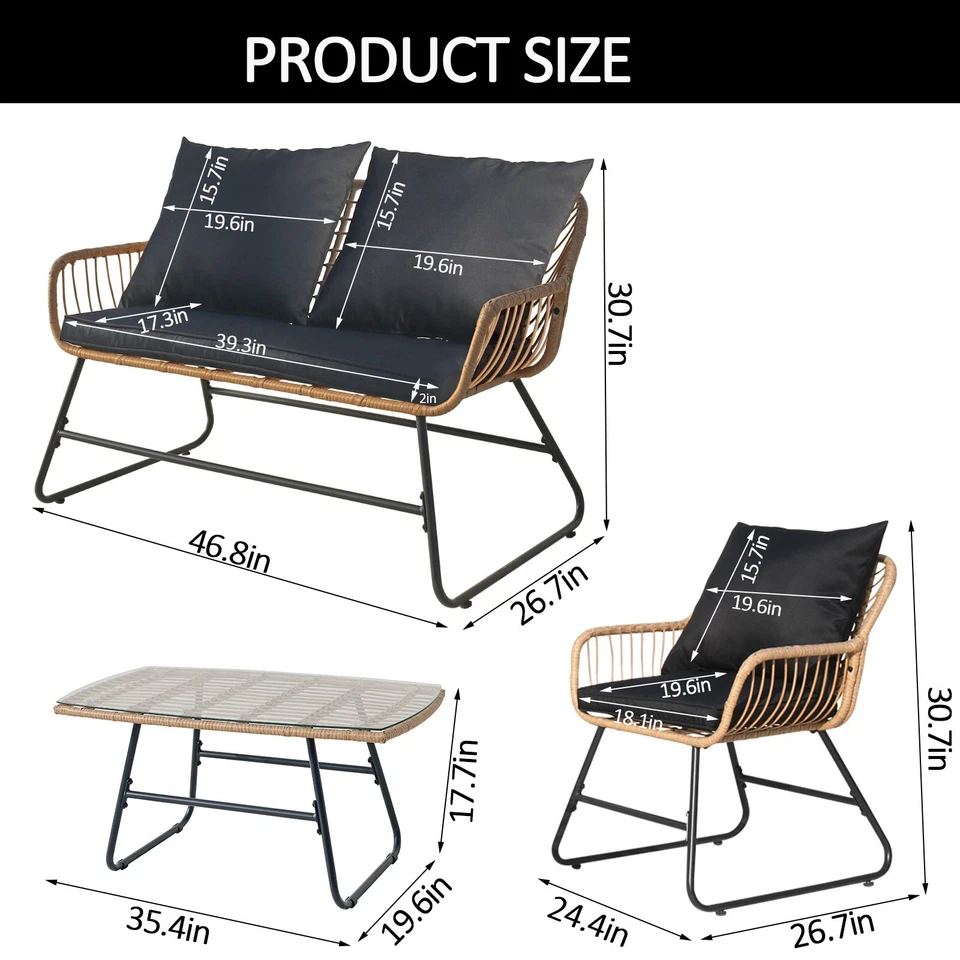 Juego de 4 muebles de patio de exterior sofá seccional silla de ratán juego de mimbre con cojín Foto 3 de 4