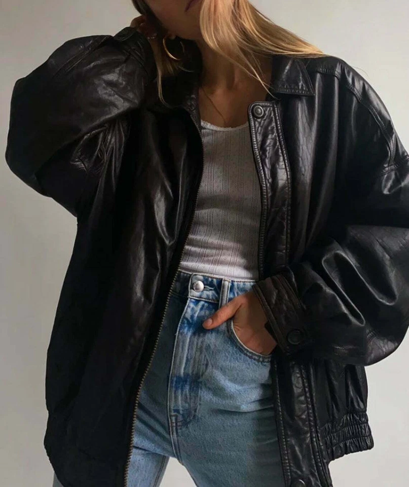 Women 90's Fashion Leather Jacket Vintage Leather Oversized Bomber Jacket Outfit