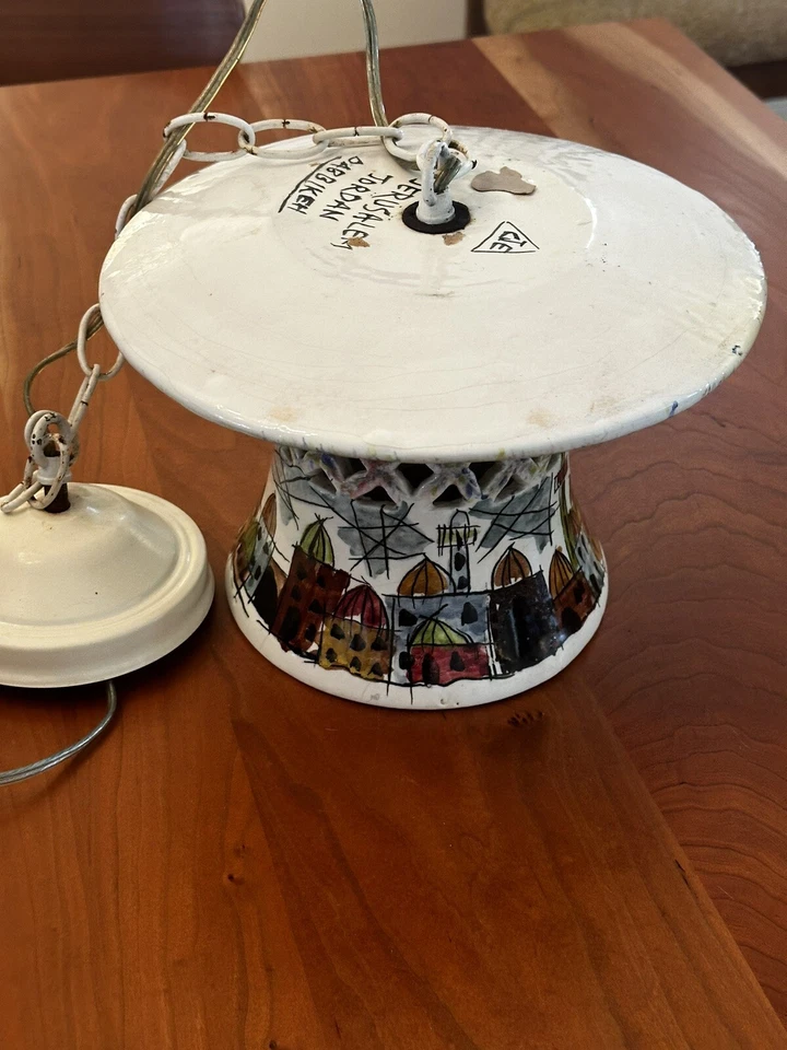 "Luz colgante de cerámica de arte popular de colección Jerusalén Jordan Dabbikeh firmada 7x7x10,5""" Foto 2 de 4