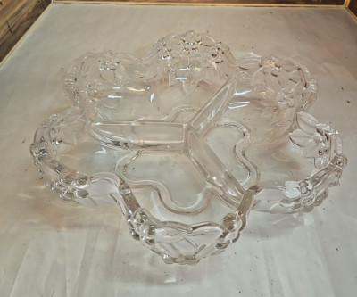 Vintage Mikasa Frosted Crystal Three Section Relish Plate; Heavy; Grape Pattern