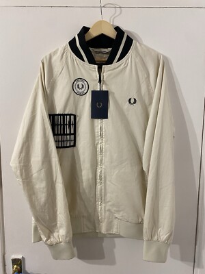 Fred Perry Bomber Jacket Patch Detail Tennis Ecru Large Brand New With Tags