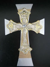 3 LAYER CROSS, SILVER & GOLD PAINTED WOOD W/ELEGANT CROSS ON TOP -  8"X5"   NEW