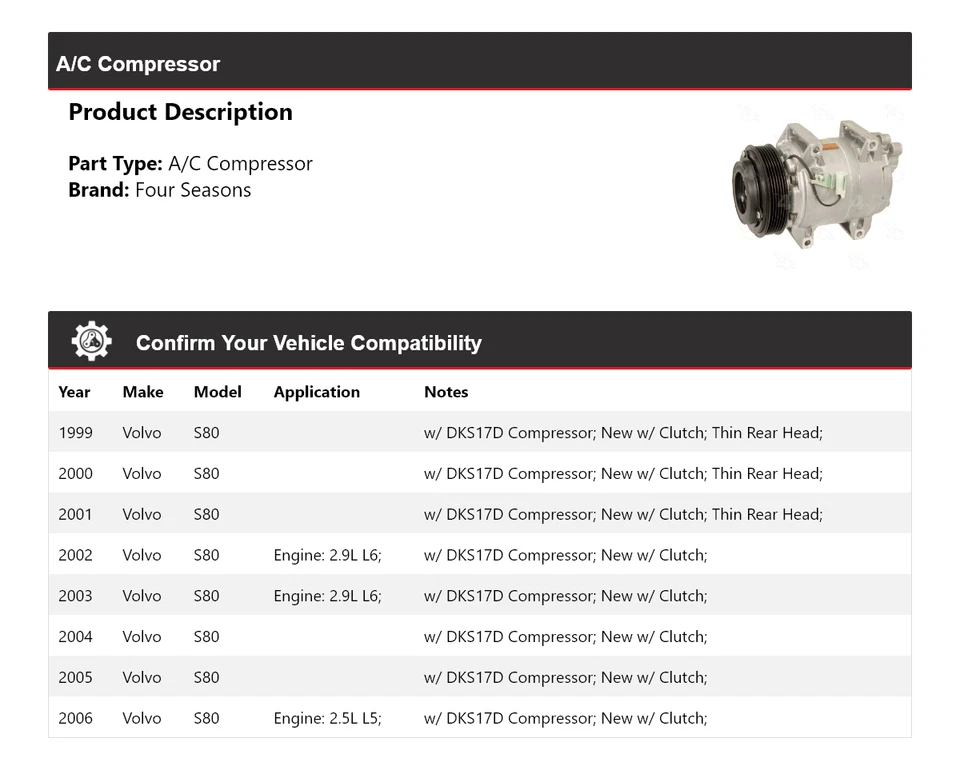 Compresor de aire acondicionado para Volvo S80 1999-2006 4 estaciones 2000 2001 2002 2003 2004 2005 Foto 2 de 4