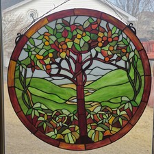 Vintage Tiffany Style Stained Leaded Glass Tree of Hope Round 23.5" Suncatcher