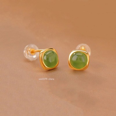 Gold Plated Real 925 Sterling Silver Geometry Jasper Hetian Jade Earrings Stud