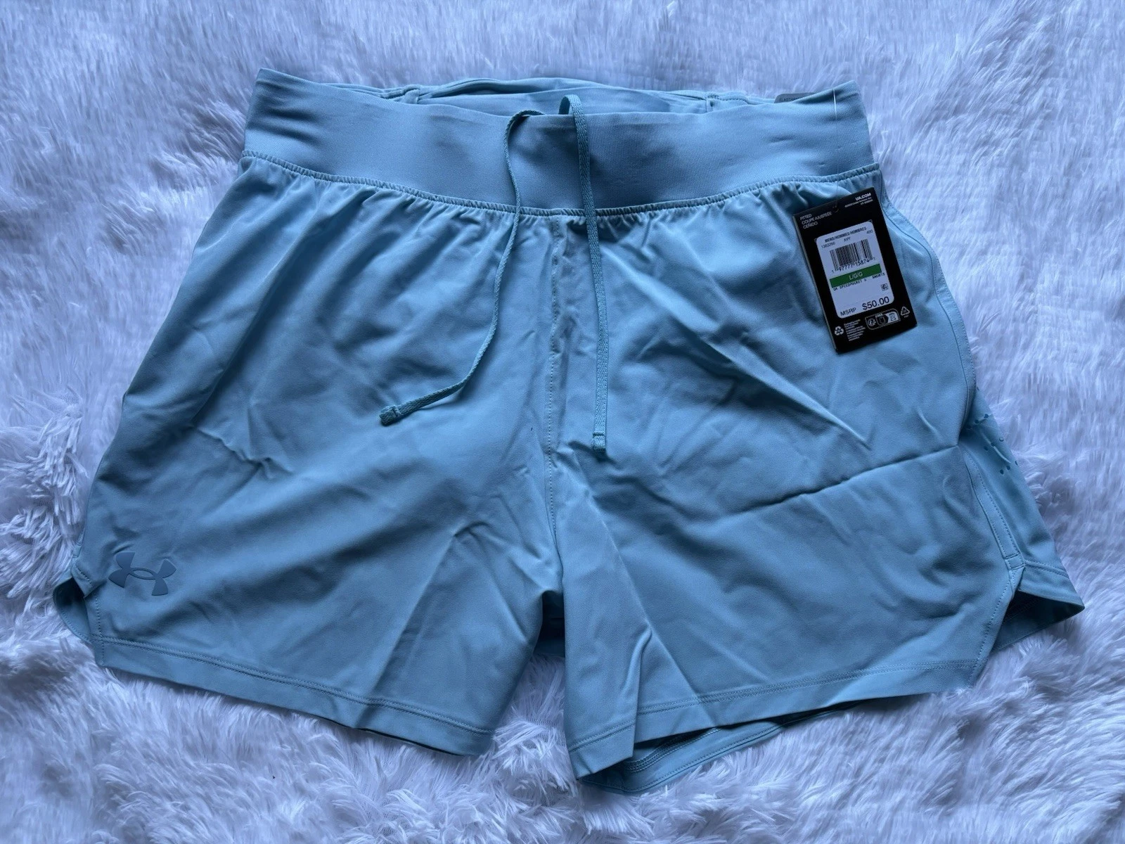 Men's New Under Armour Soft Blue Speedpocket 5" Running Training Shorts Size L