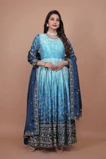 Latest Designer Blue Pure Chinnon Gown With Dupatta For Indian Party Wear