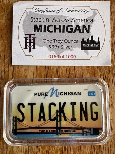 Stacking Across America Michigan Bridge License Plate 1oz Silver Bar Small Ding
