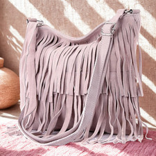 Suede Fringe Bag, Real Leather Shoulder Bag, Boho Tassel Handbag, Zipper Tote