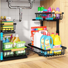 Under Sink Organizer 2 Pack, Adjustable Height 2-Tier Pull Out Cabinet Organizer